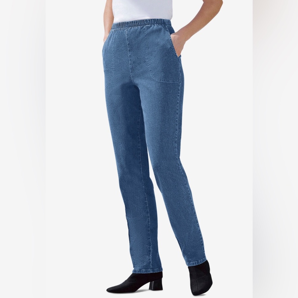 NWT woman within plus size Flex-Fit Pull-on Straight-Leg Jeans 14WTall